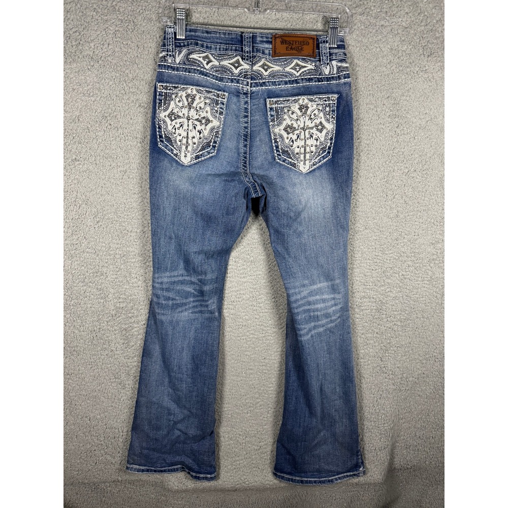 Westfield Eagle Womens Blue Bootcut Jeans Rhinestone Cross Embellished Size 9